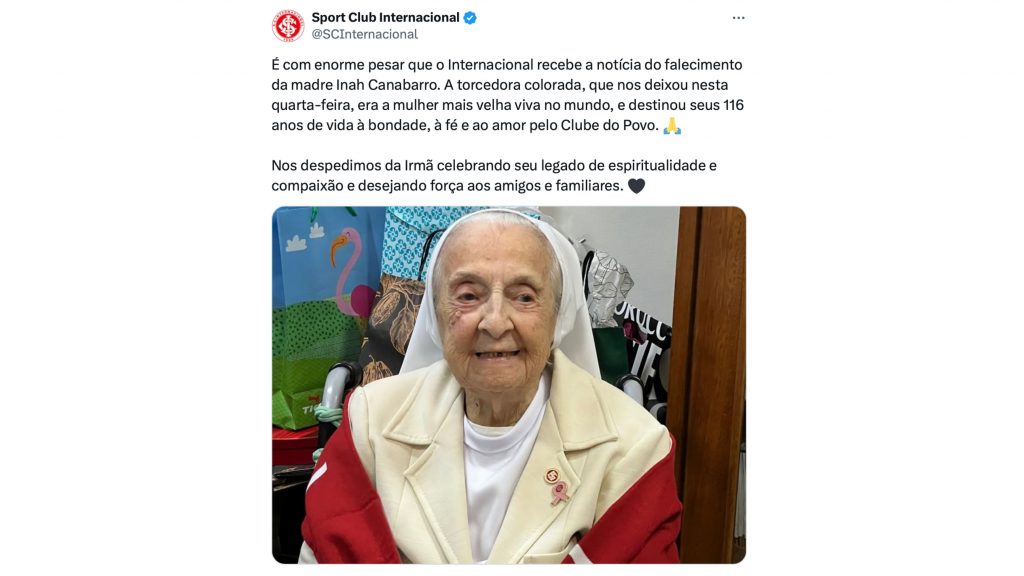 Freira brasileira que era a pessoa mais velha do mundo morre aos 116 anos