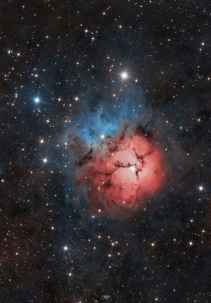 Nebulosa da trífida e galáxia peculiar nas Imagens Astronômicas da Semana
